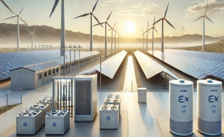 Clean Energy Innovations Advanced clean energy facility with wind turbines, solar panels, and hydrogen storage units.