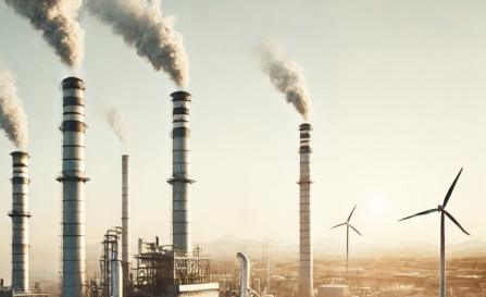 Emission Reduction Industrial facility with emission stacks alongside wind turbines for sustainable energy transition.