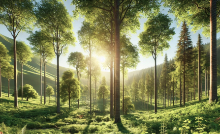 Sustainable Initiatives A green landscape with trees, a blue sky, and a shining sun, visualizing a clean environment.